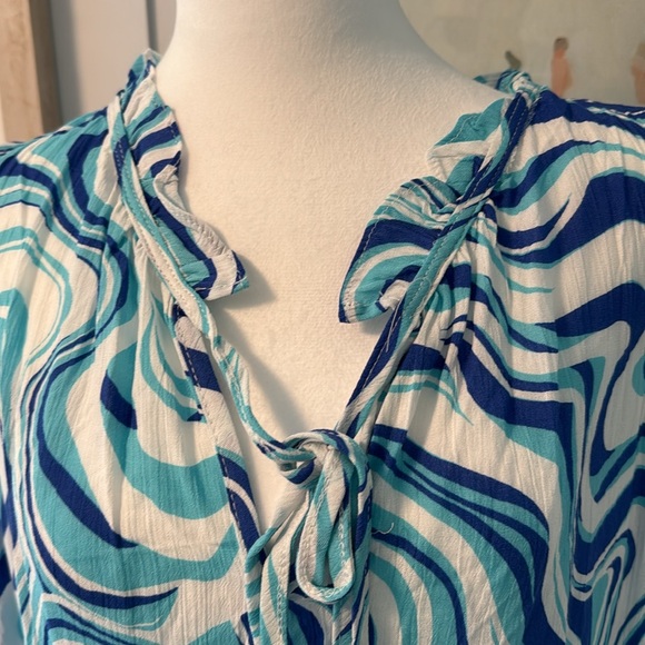Groovy Juniper + Lime blue marble/swirl pattern sleeveless top, Sz 1X - Picture 2 of 6